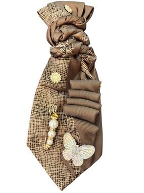 Upcycle Brown Decorative Silk Scarf with Embellishments